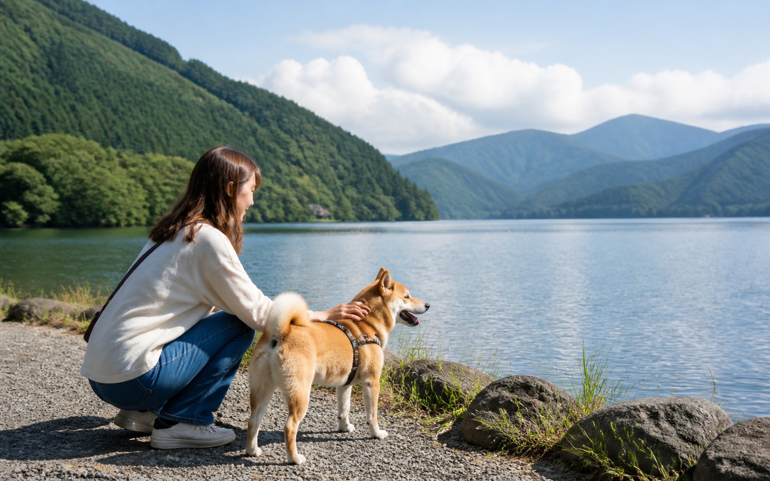 神奈川県の山並みと湖を犬と楽しむ旅行イメージ